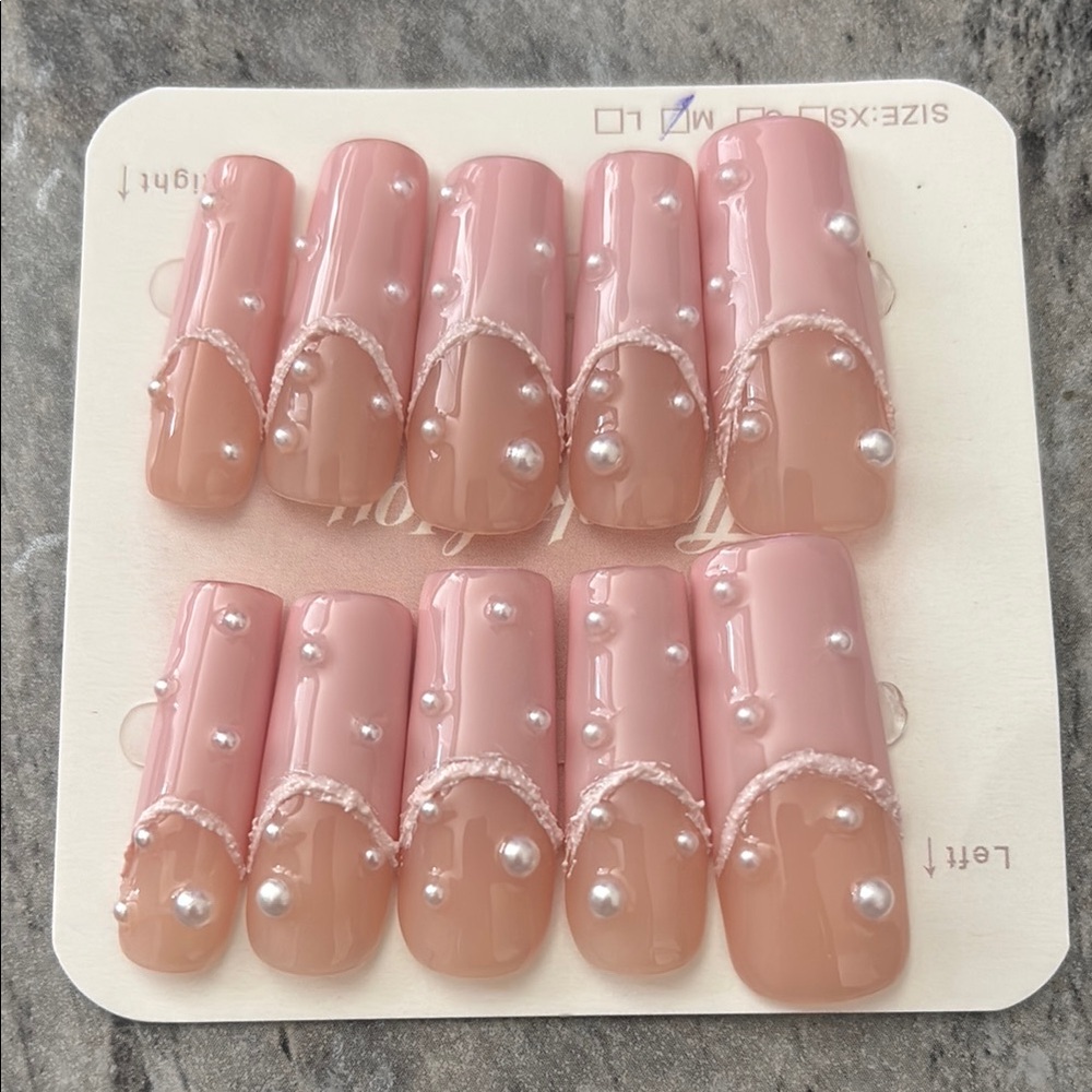 🌸Pink Ombré French Tip Press-On Nails with Pearl Accents | Elegant & Feminine✨